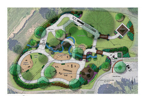 architectural rendering of a senior park with trees, exercise equipment areas, and walking paths.